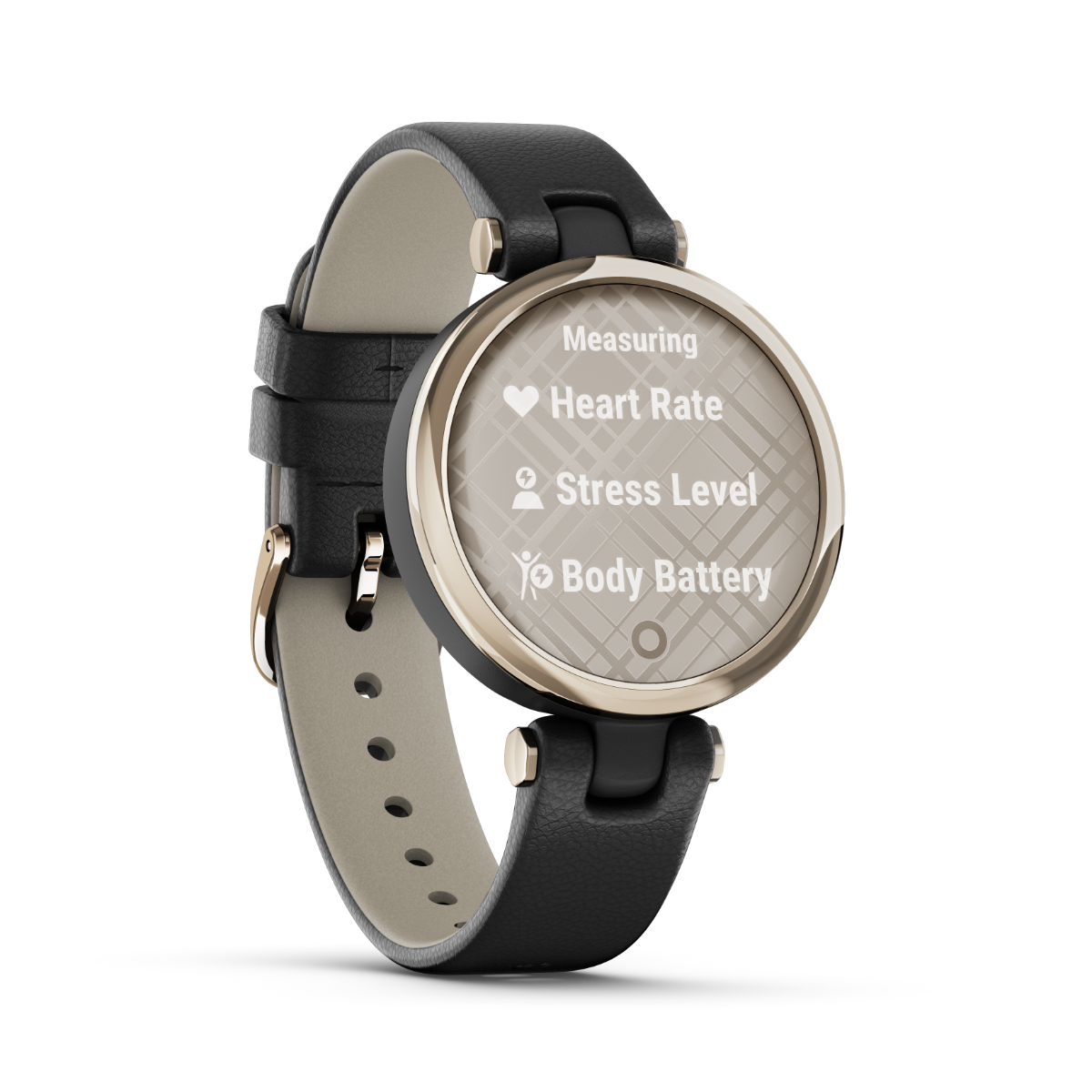 Garmin Lily Classic Edition smartwatch with cream gold bezel, black case, and Italian leather band.
