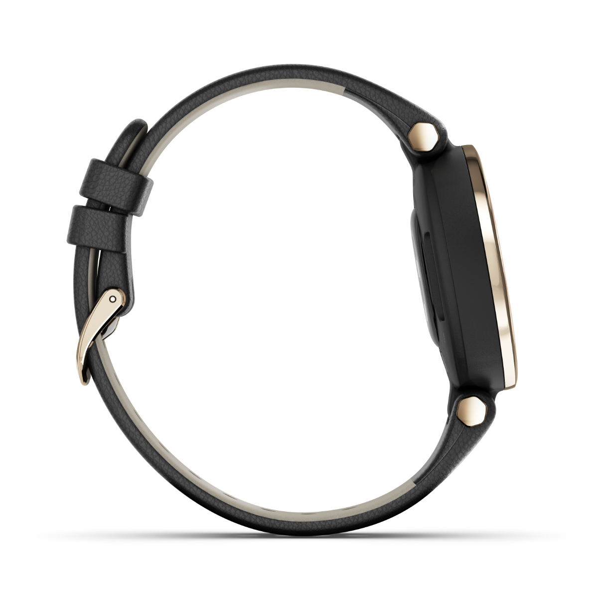 Garmin Lily Classic Edition smartwatch with cream gold bezel, black case, and Italian leather band.