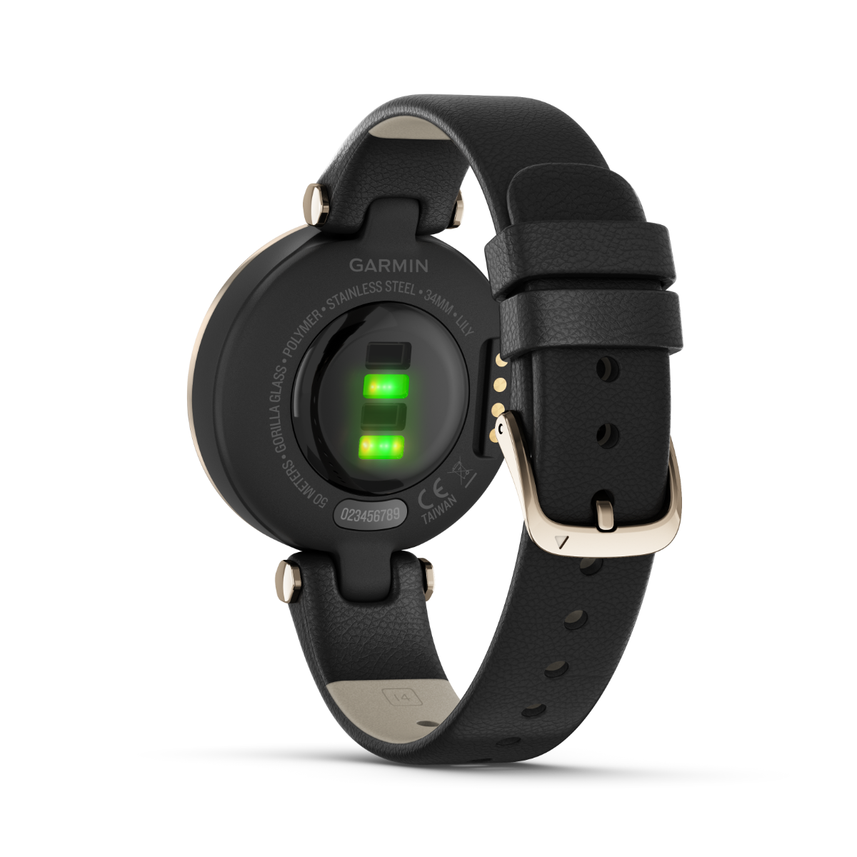 Garmin Lily Classic Edition smartwatch back view, cream gold bezel, black case, Italian leather band
