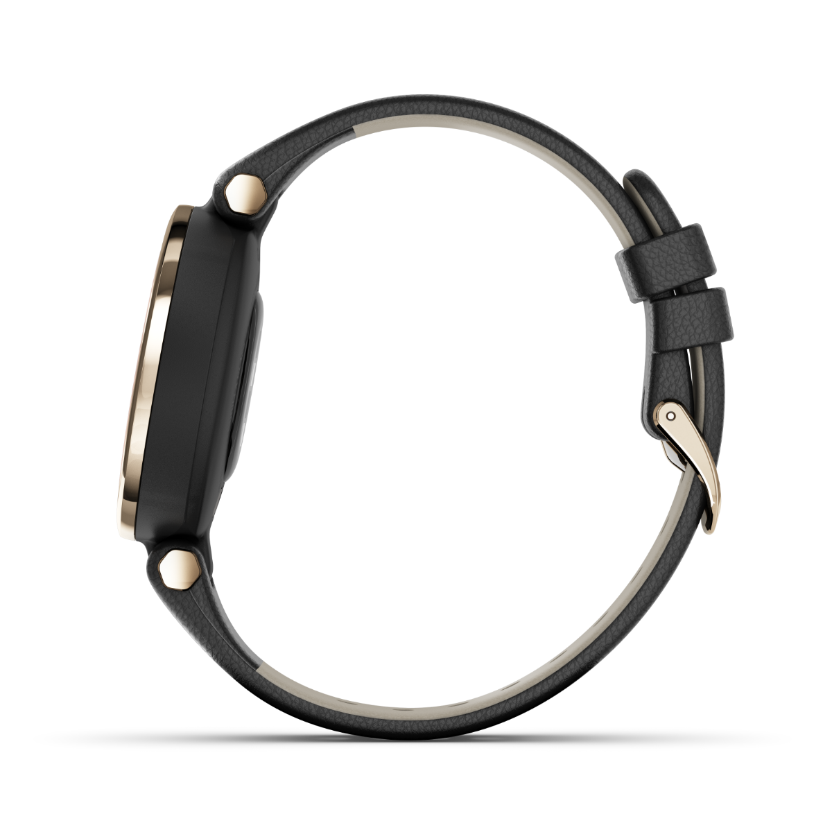 Garmin Lily Classic Edition smartwatch with cream gold bezel, black case, and Italian leather band