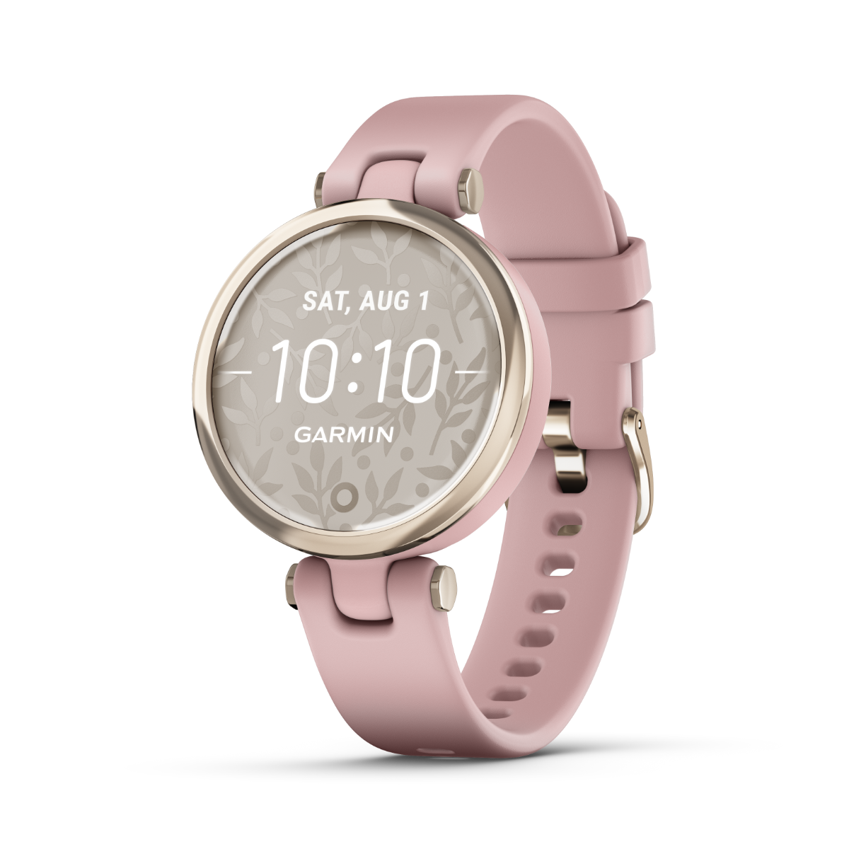 Garmin Lily Sport Edition smartwatch with midnight orchid bezel, deep orchid case, and pink silicone band