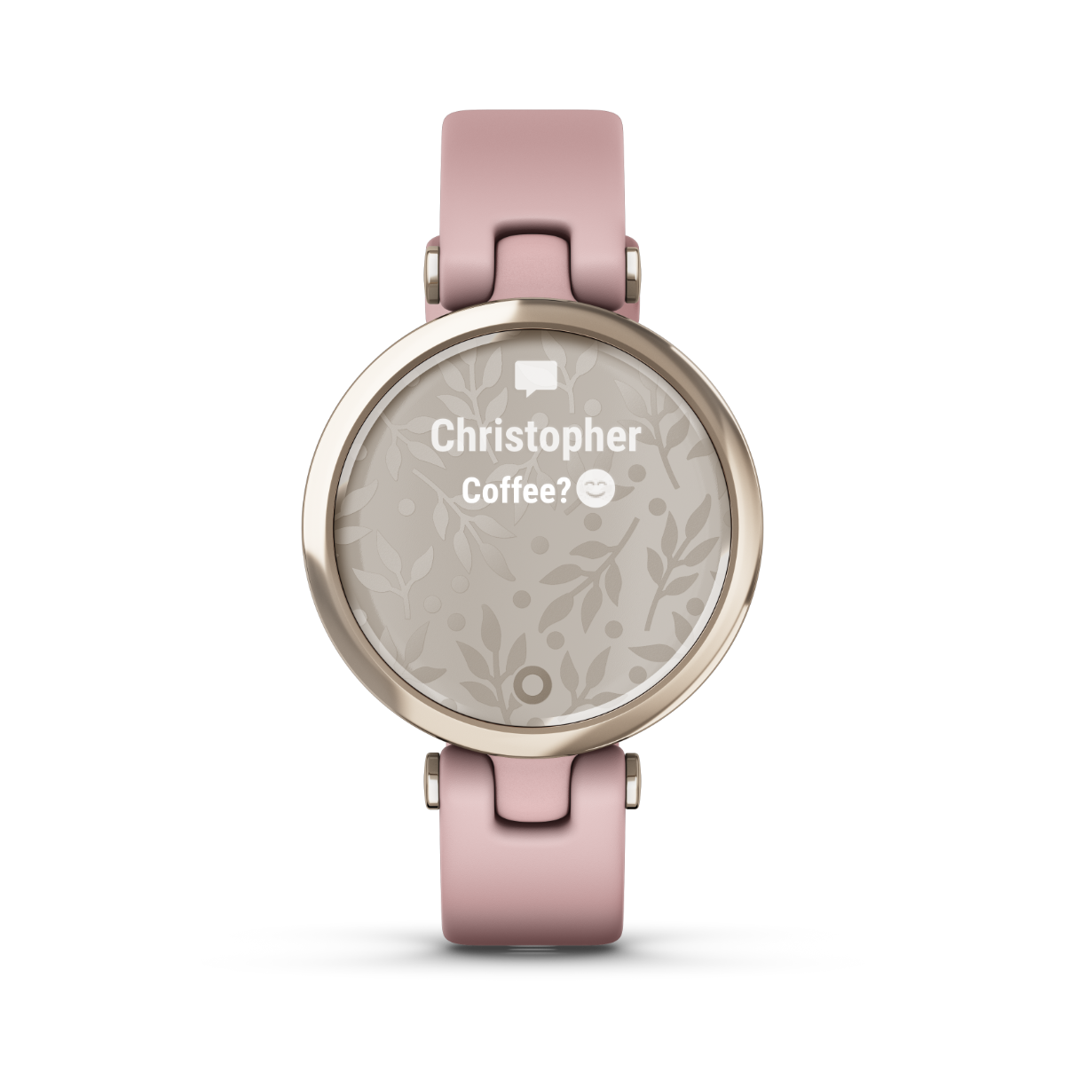 Garmin Lily Sport Edition watch with pink silicone band and rose-gold bezel