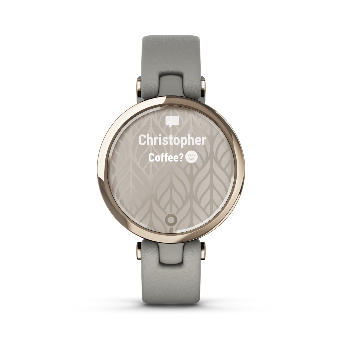 Garmin Lily Classic Edition smartwatch with cream-gold bezel and gray Italian leather strap