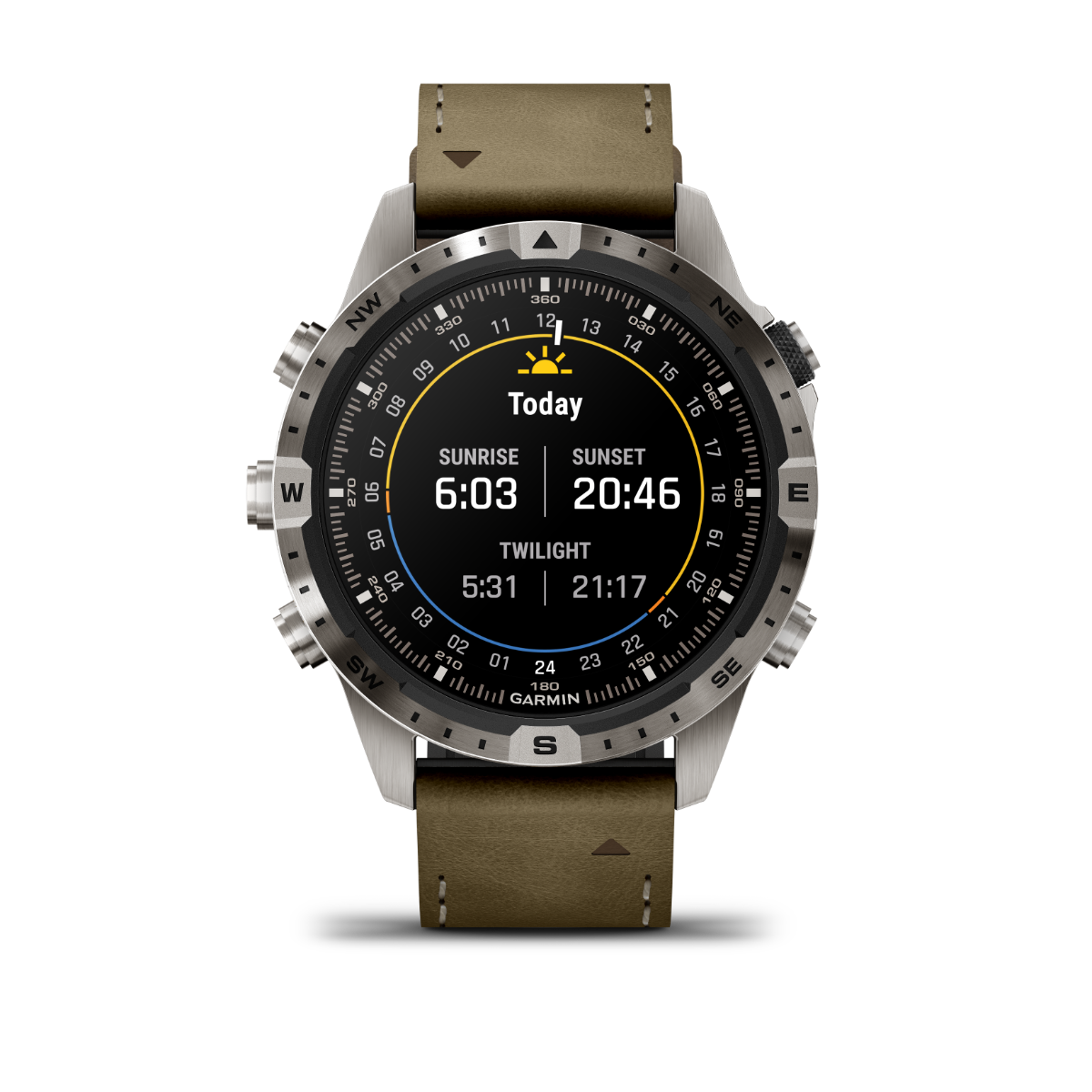 Garmin MARQ Adventurer Gen 2 luxury GPS smartwatch with brown leather strap and stainless steel case