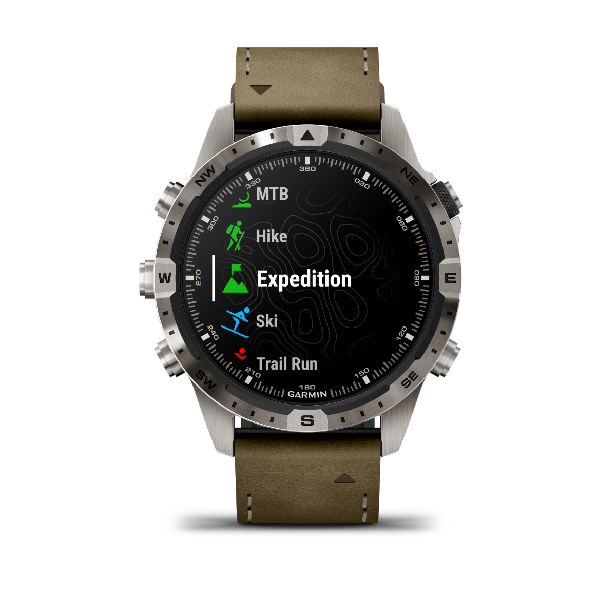 Garmin MARQ Adventurer Gen 2 smartwatch with brown leather strap and stainless steel bezel