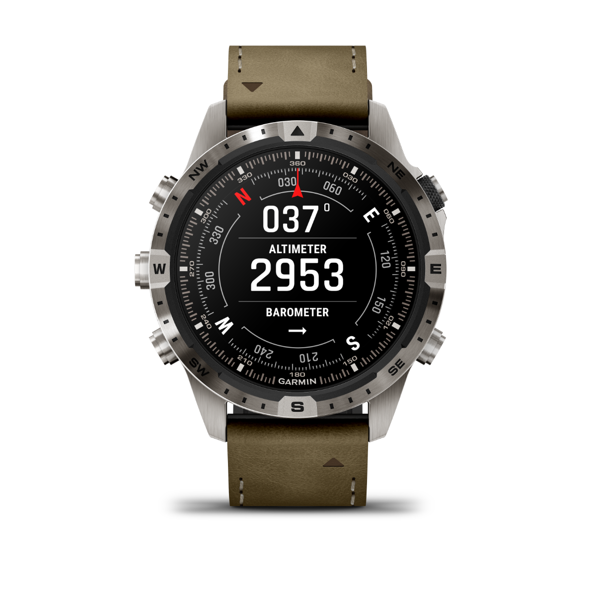 Garmin MARQ Adventurer smartwatch with brown leather strap and stainless steel bezel, shows altimeter and barometer.