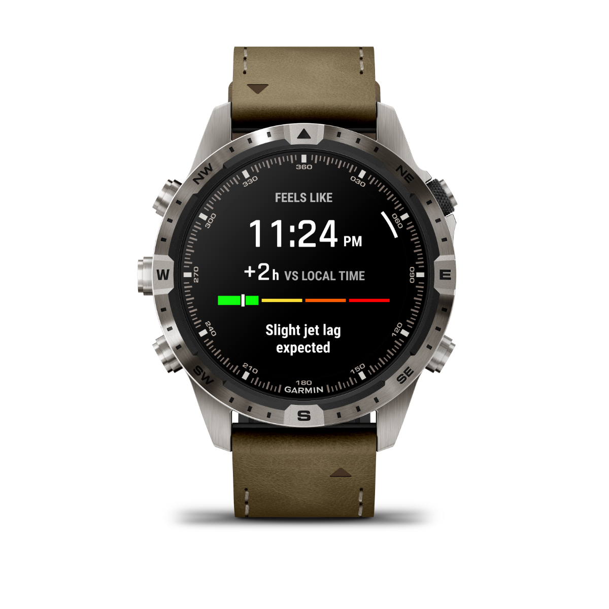 Garmin MARQ Adventurer Gen 2 smartwatch with stainless steel bezel and brown leather strap