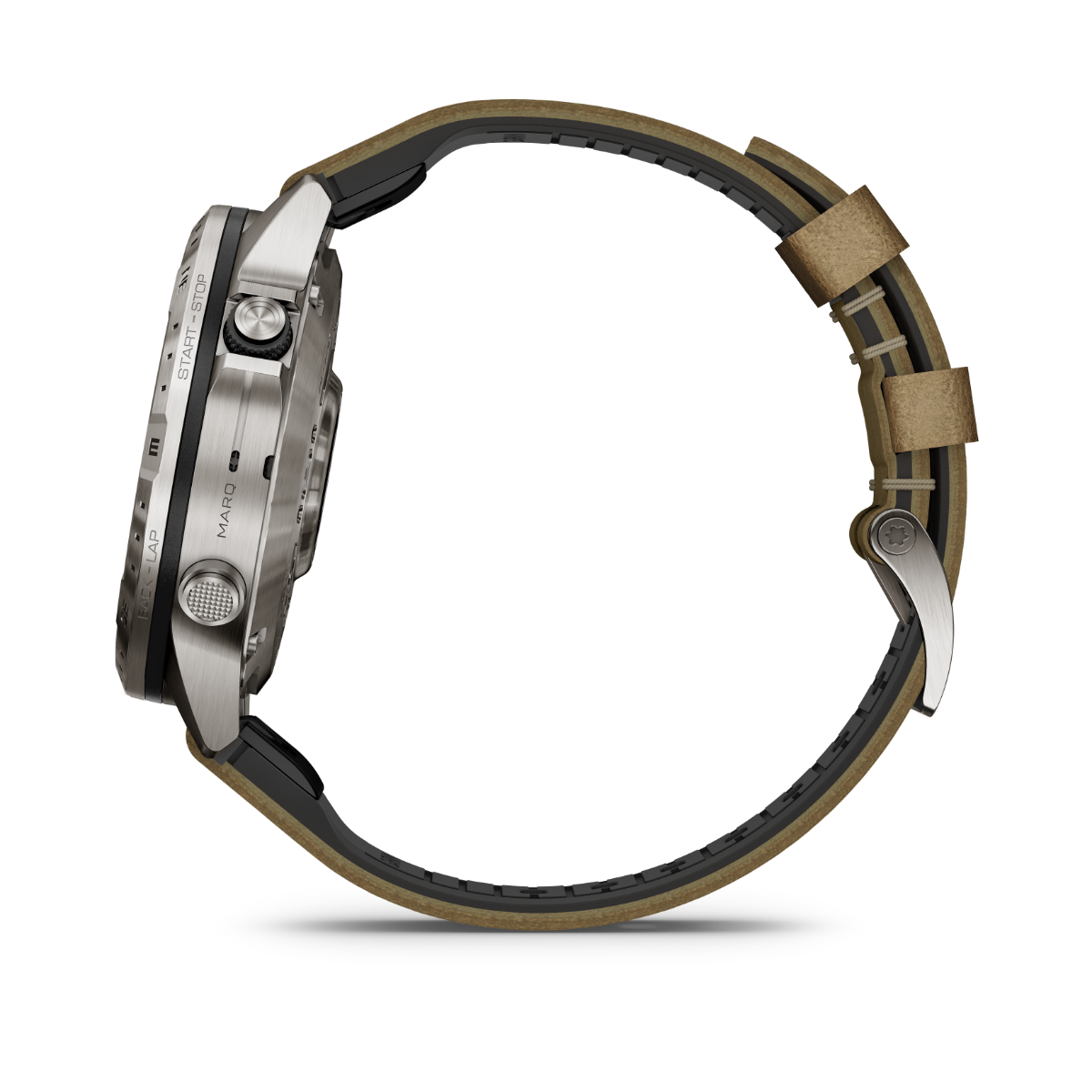 Garmin MARQ Adventurer Gen 2 men's luxury GPS smartwatch with stainless steel case and tan leather strap