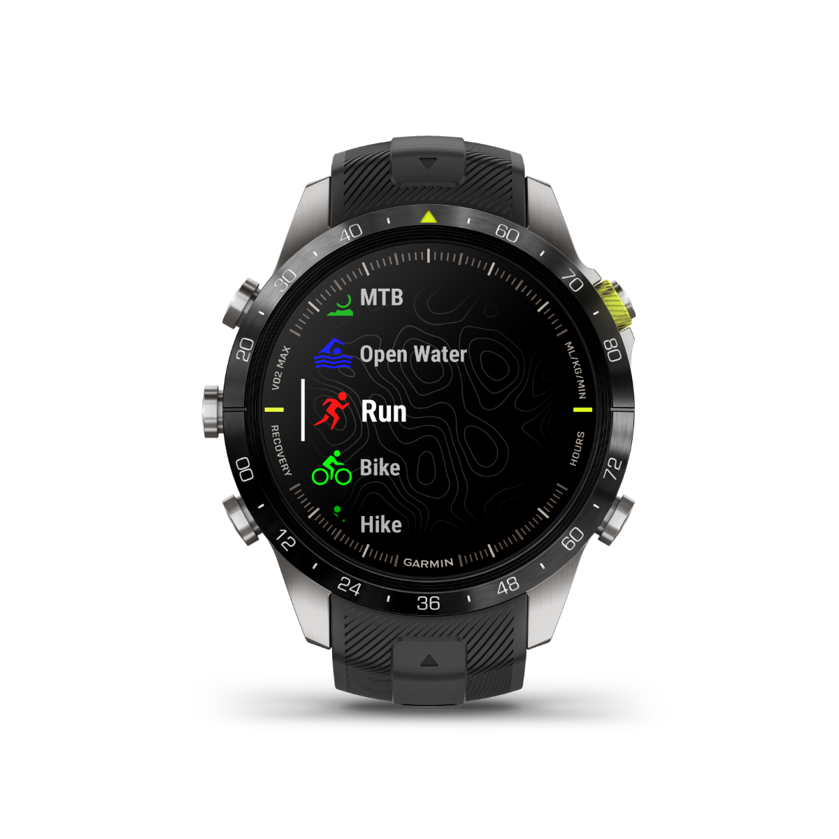 Garmin MARQ Athlete Gen 2 smartwatch, men's luxury GPS watch with black strap and silver bezel.