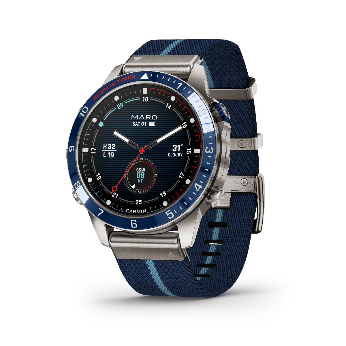 Garmin Captain Gen 2 Marq luxury tool watch 010-02648-10 with stainless steel case and blue striped fabric strap