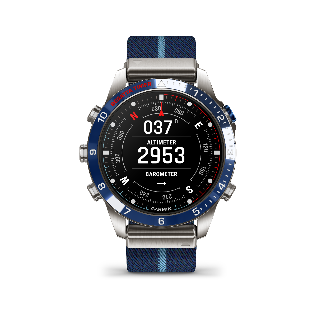 Garmin Captain Gen 2 smart watch with blue bezel and navy fabric strap