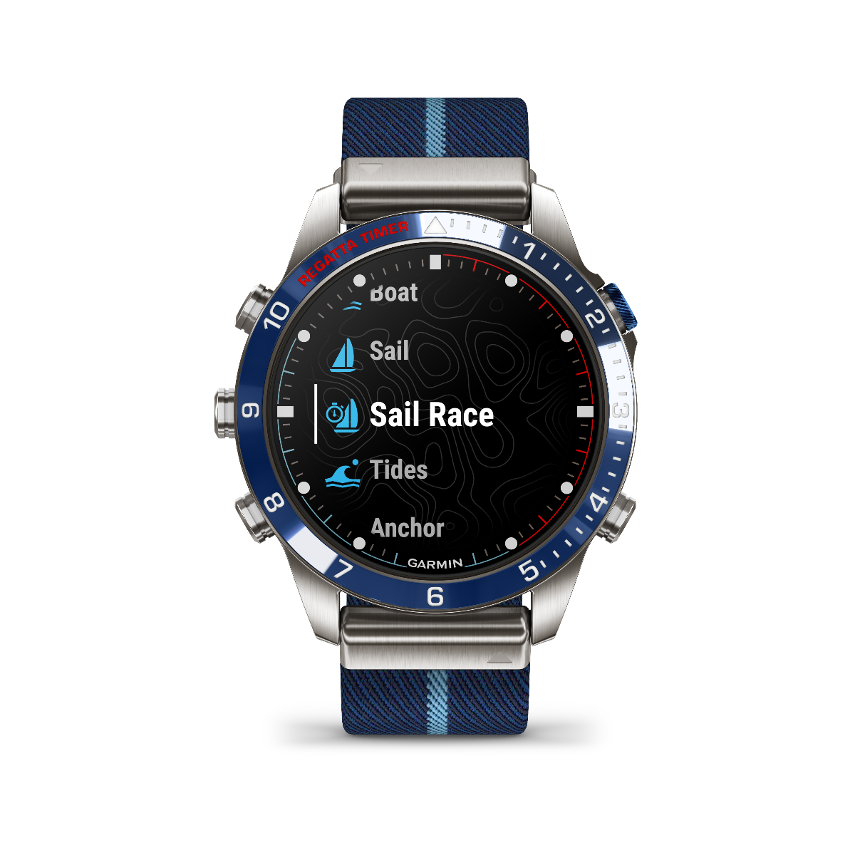 Garmin Captain Gen 2 smart watch with blue striped fabric strap and blue bezel