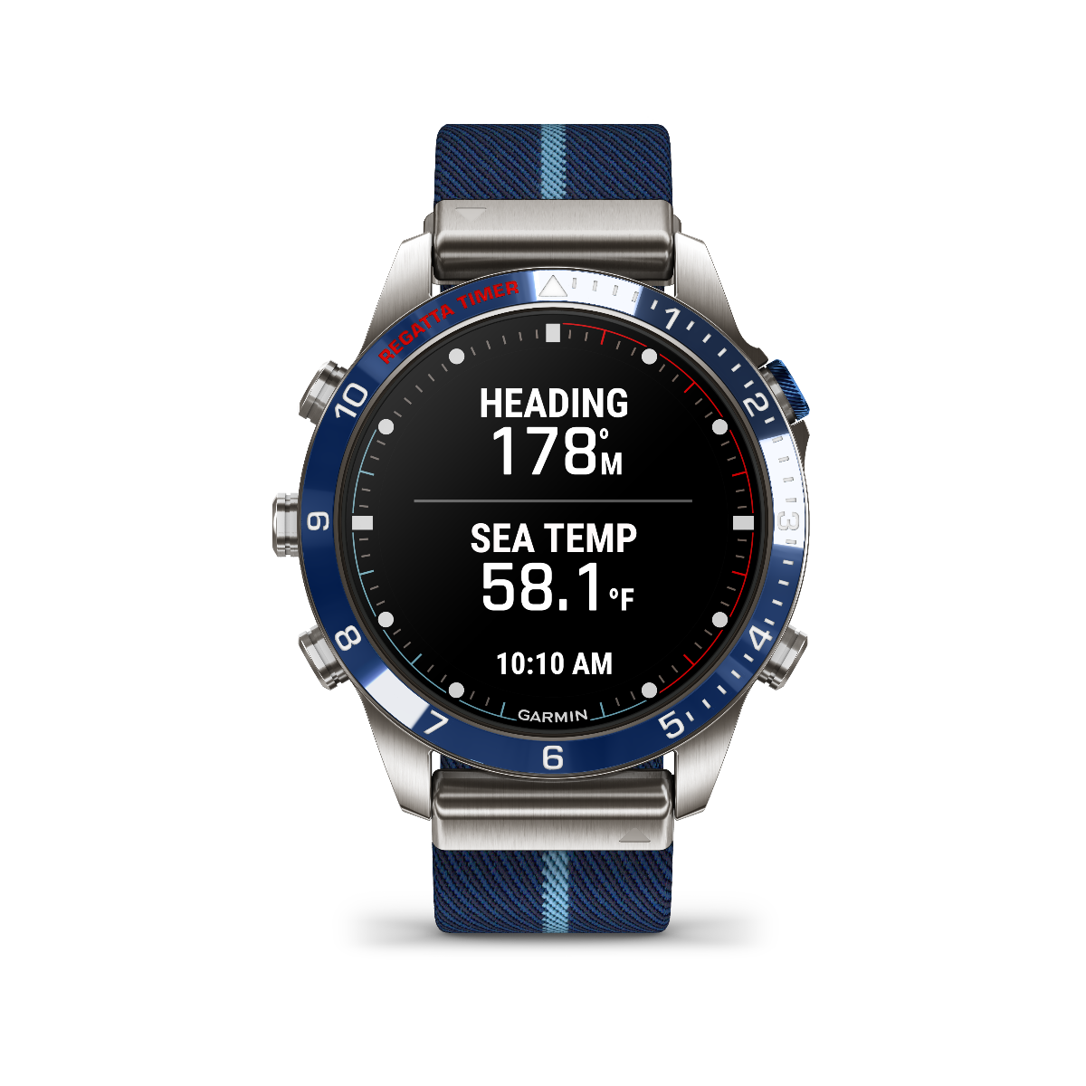 Garmin Captain Gen 2 smart watch with blue bezel and nylon strap