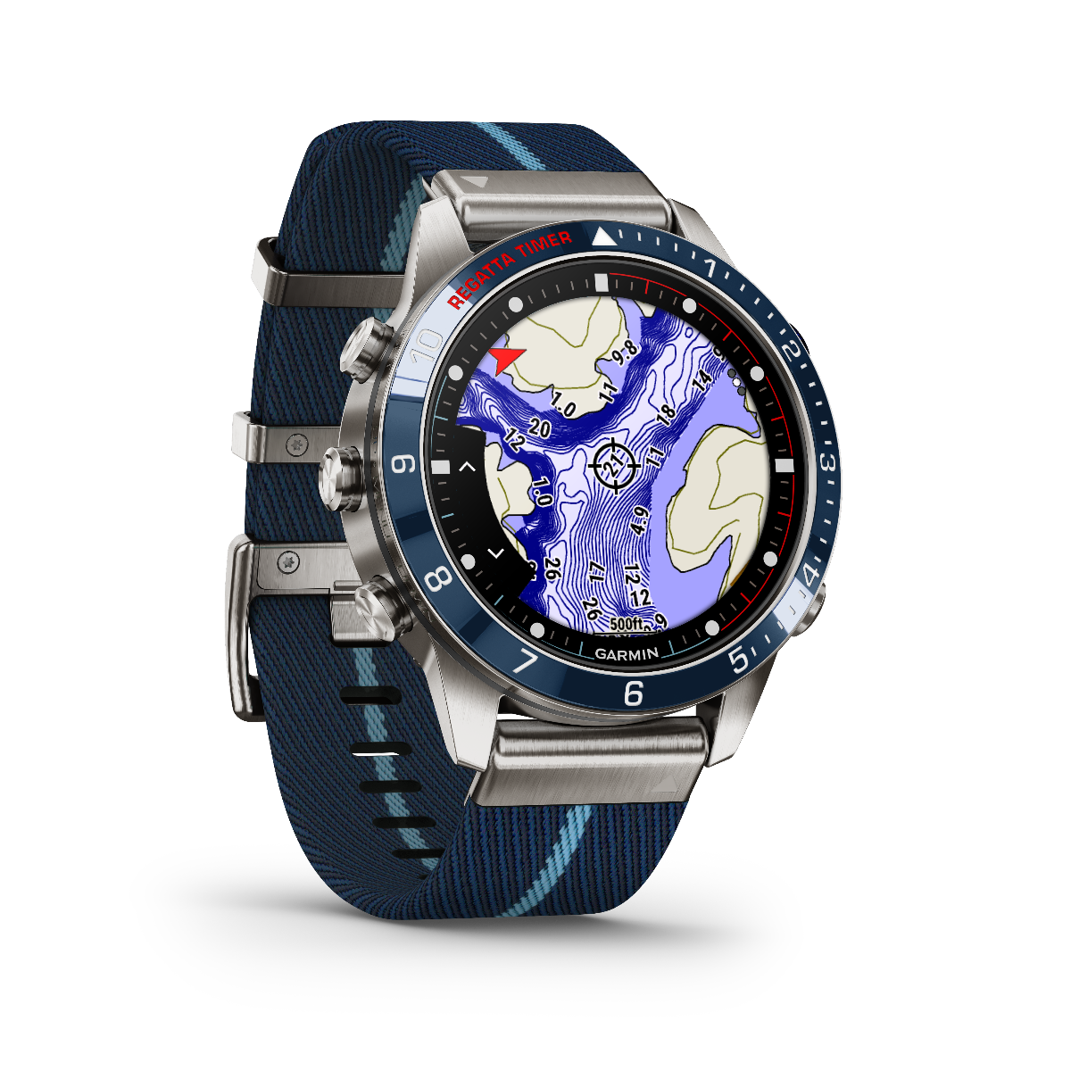 Garmin Captain Gen 2 luxury tool watch with blue fabric strap and map display