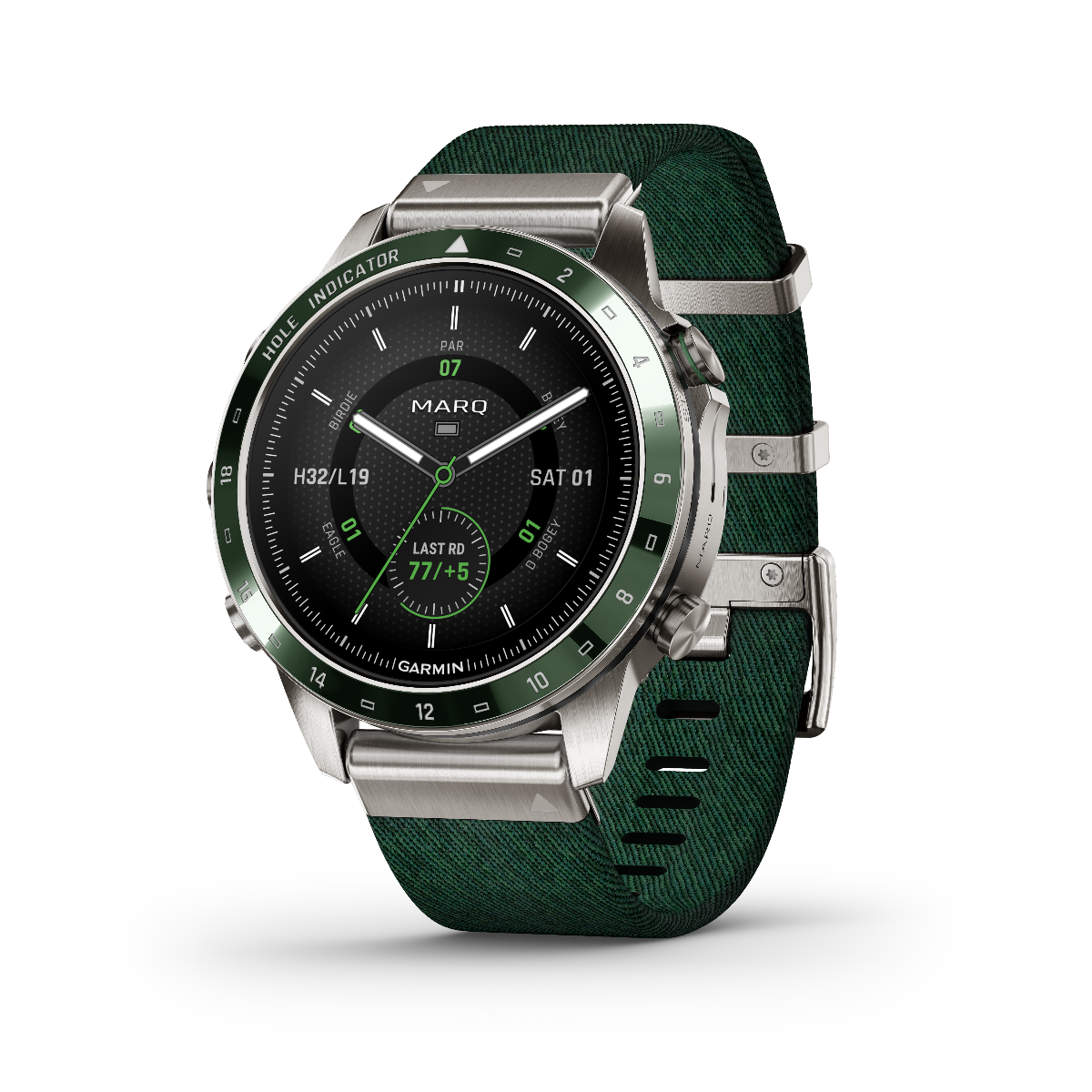 Garmin MARQ Golfer Gen 2 smartwatch with green textile strap and stainless steel case