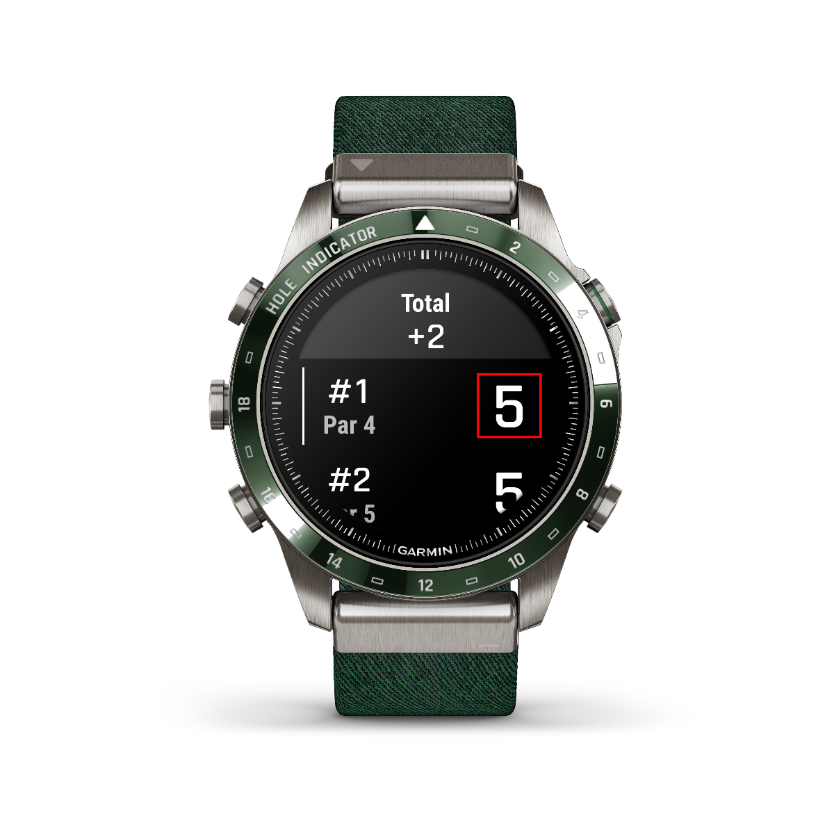 Garmin MARQ Golfer Gen 2 smartwatch with green bezel and fabric strap, displaying golf scorecard.