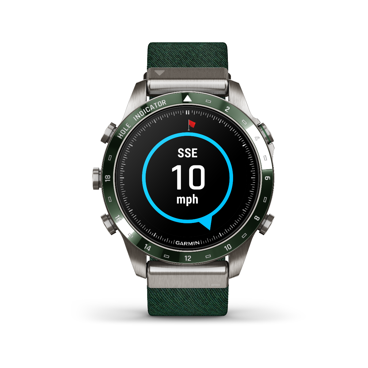 Garmin MARQ Golfer Gen 2 smartwatch; stainless steel case, green bezel, green fabric strap