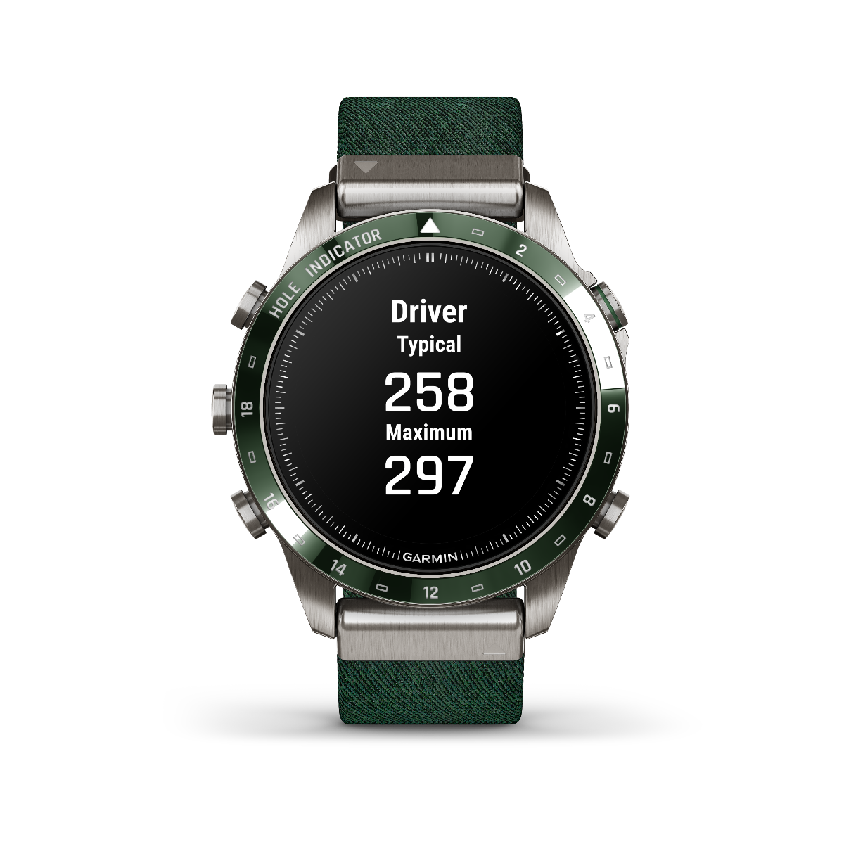 Garmin MARQ Golfer Gen 2 smartwatch with green bezel and fabric strap