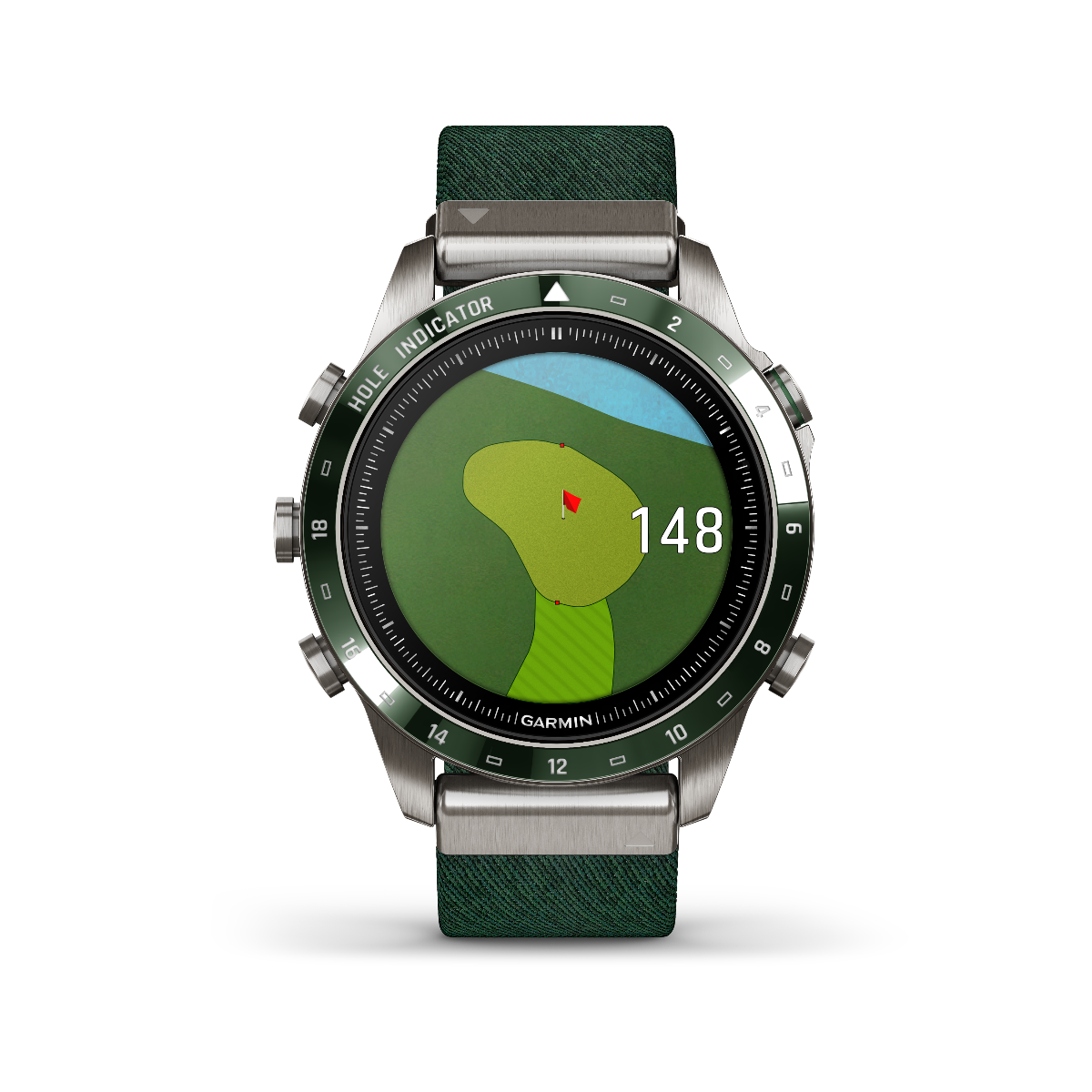 Garmin MARQ Golfer Gen 2 smartwatch with green bezel and green fabric strap