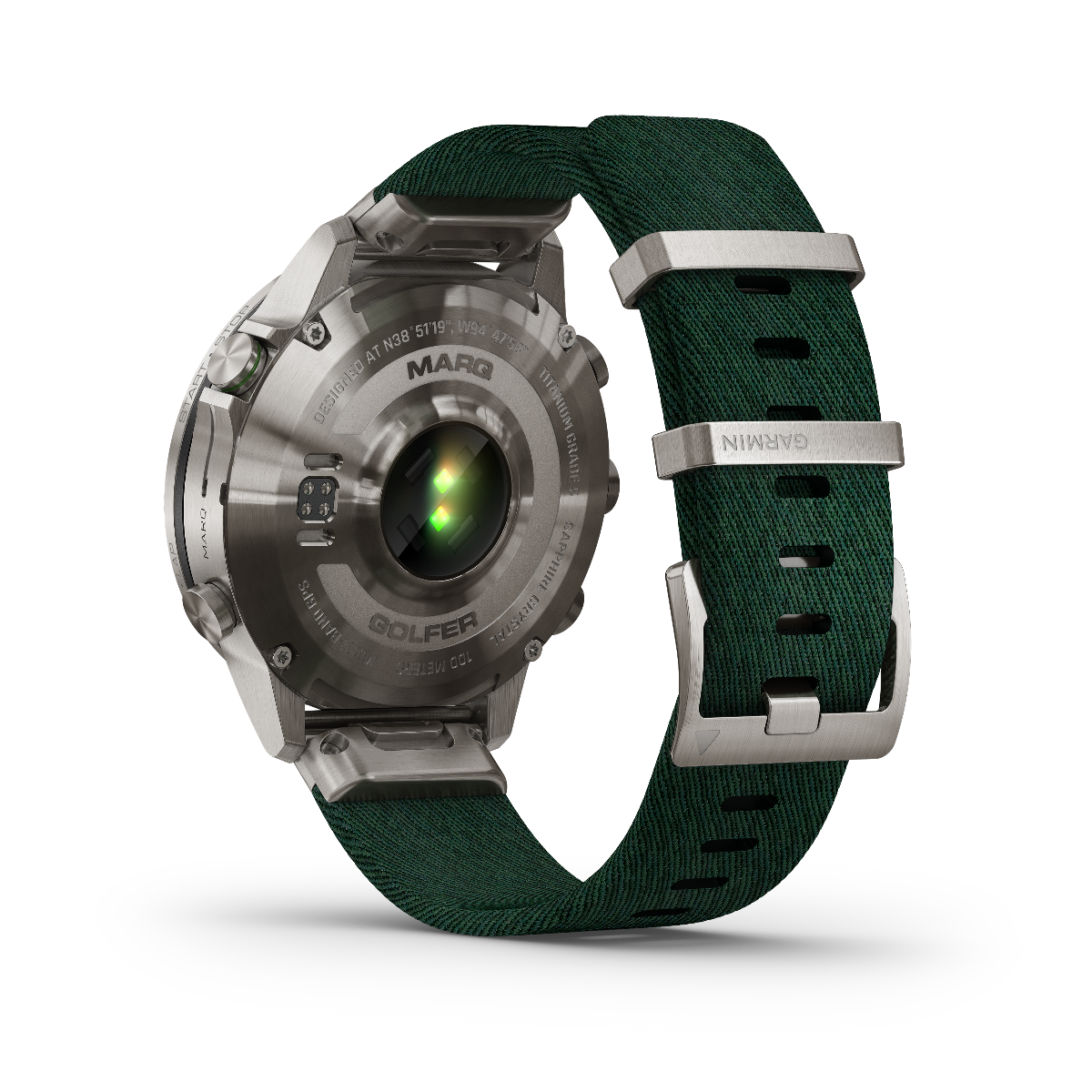 Garmin MARQ Golfer Gen 2 smartwatch with green fabric strap and stainless steel case