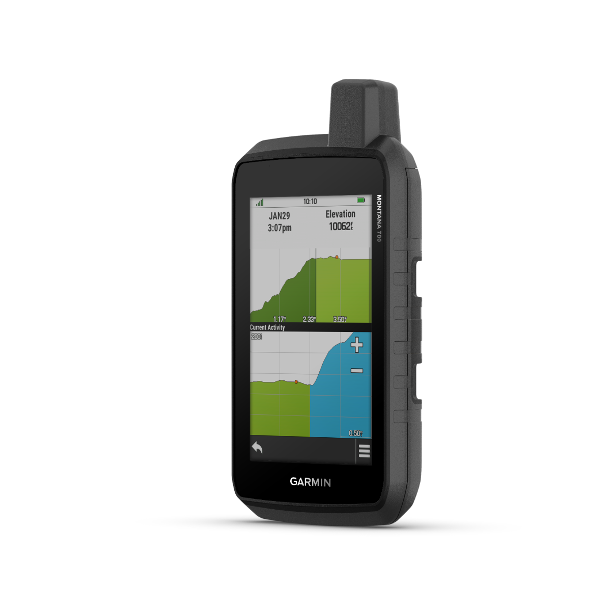 Garmin Montana 700 handheld GPS with touchscreen, rugged black body and TOPO maps.
