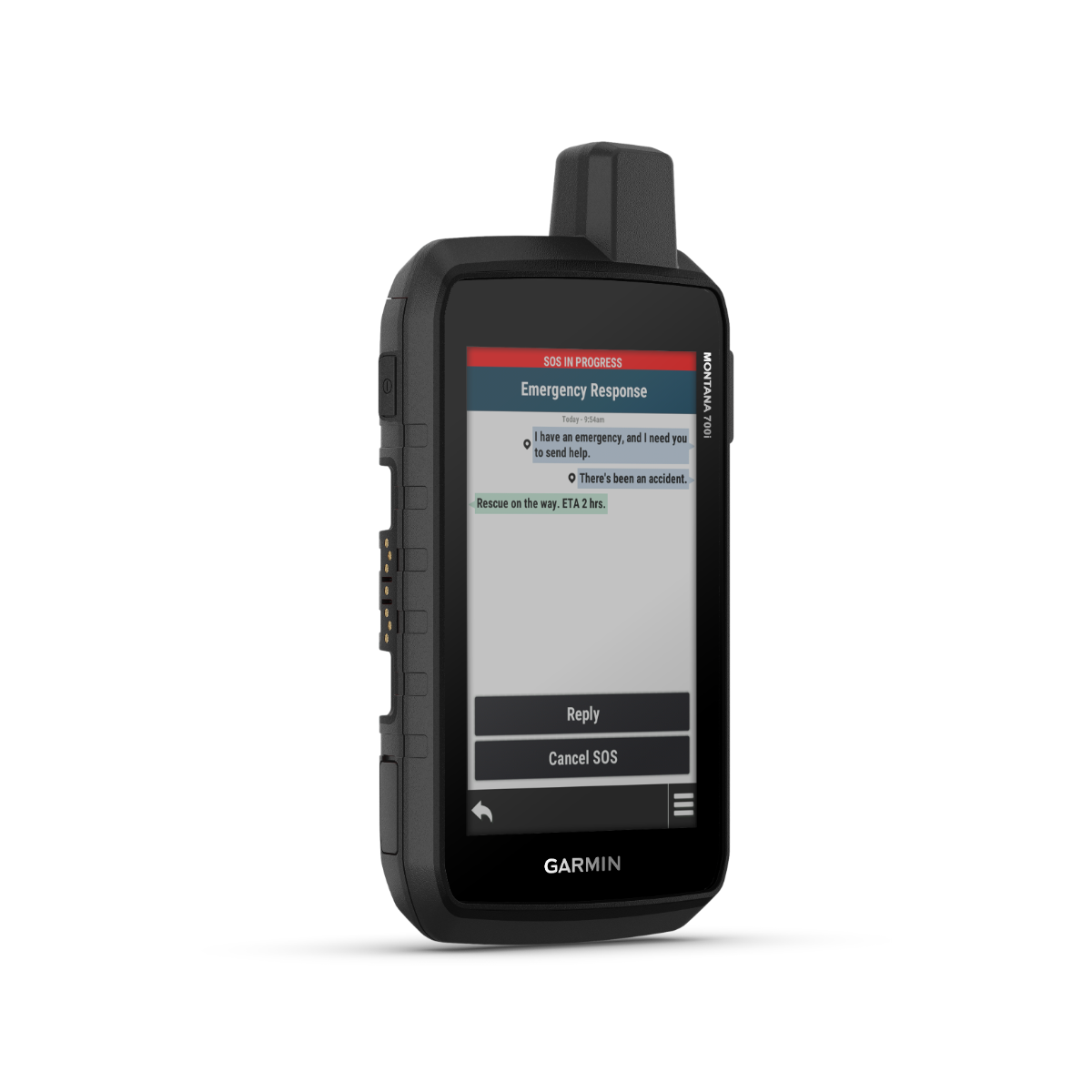 Garmin Montana 700i handheld GPS with touchscreen; rugged black outdoor navigator with SOS emergency feature