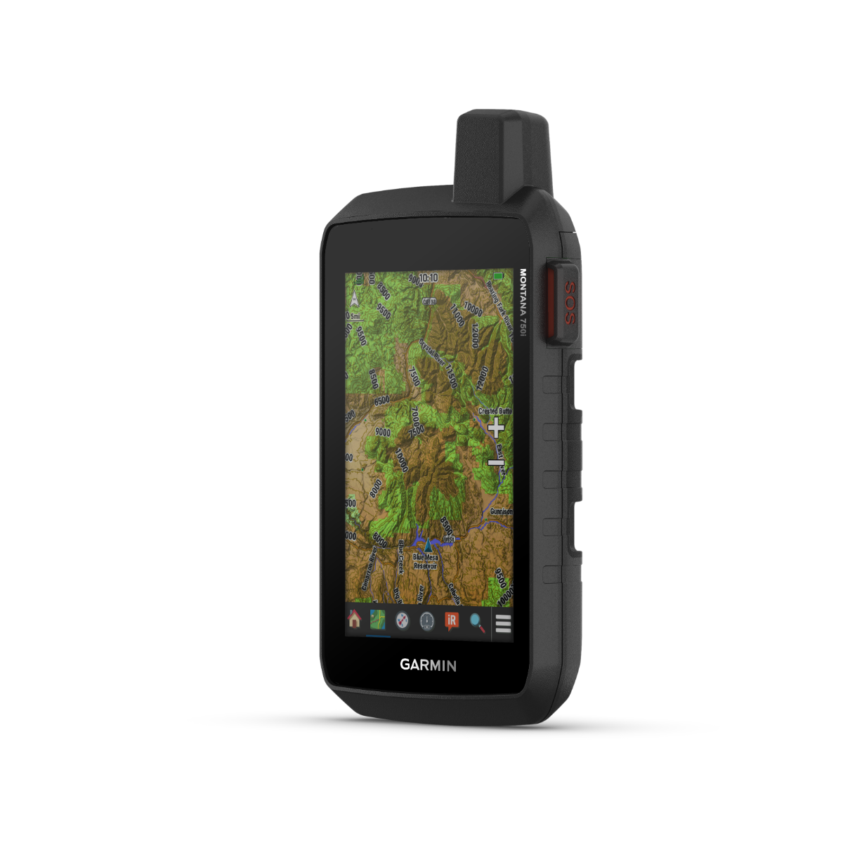 Garmin Montana 750i handheld GPS with touchscreen, rugged black outdoor navigation device with TOPO maps