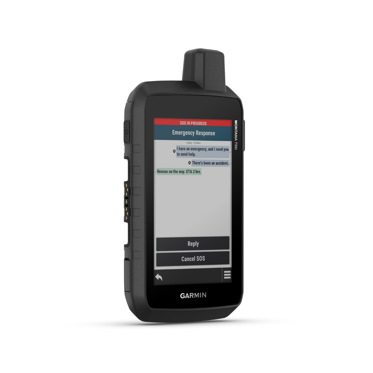 Garmin Montana 750i handheld GPS with touchscreen, rugged black case and emergency SOS screen