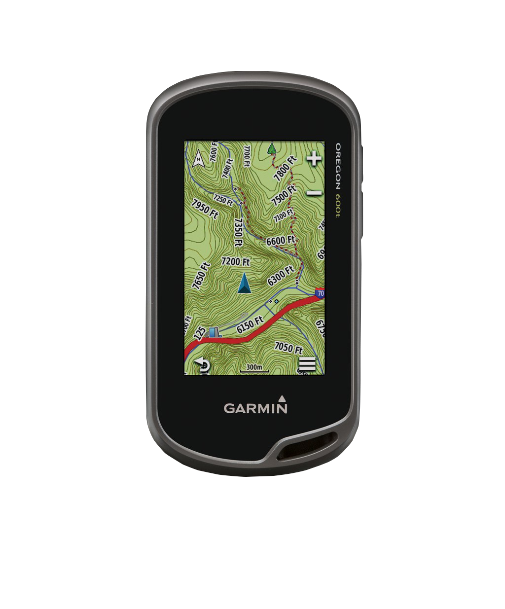 Garmin Oregon 600t handheld GPS with touchscreen, gray/black body displaying TOPO maps