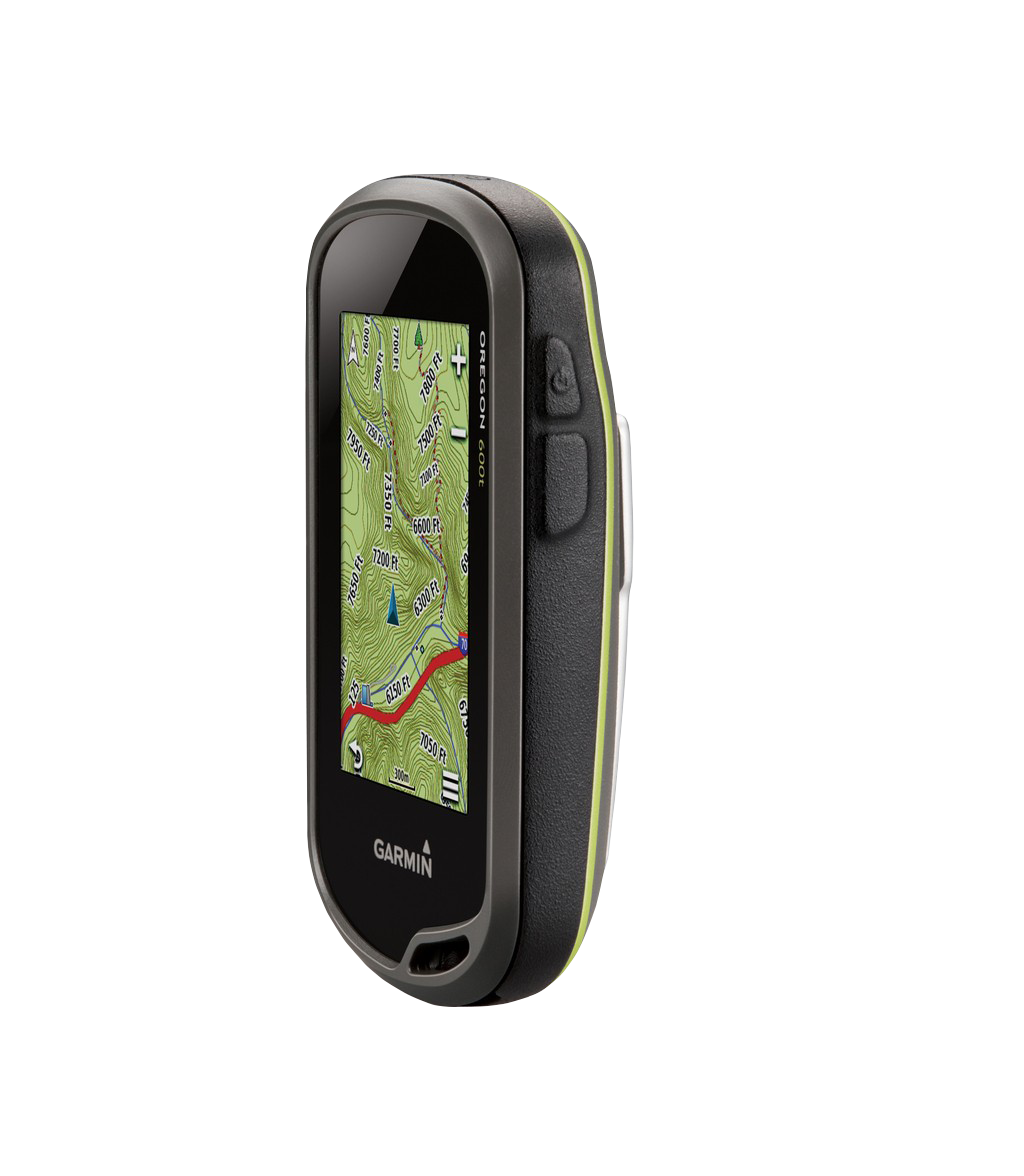 Garmin Oregon 600t handheld GPS with touchscreen, lime-green trim and TOPO maps