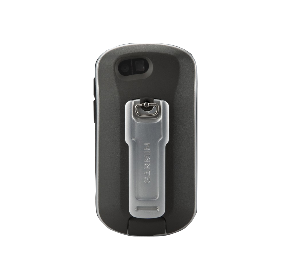 Garmin Oregon 650 handheld GPS rear view with silver belt clip attachment