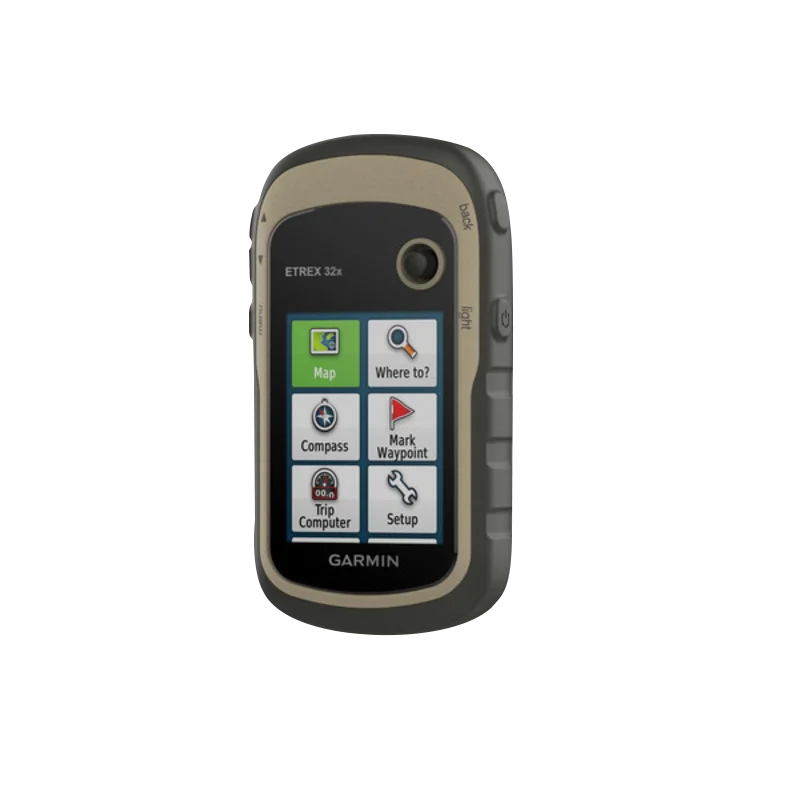 Garmin eTrex 32x rugged handheld GPS in black and tan, refurbished