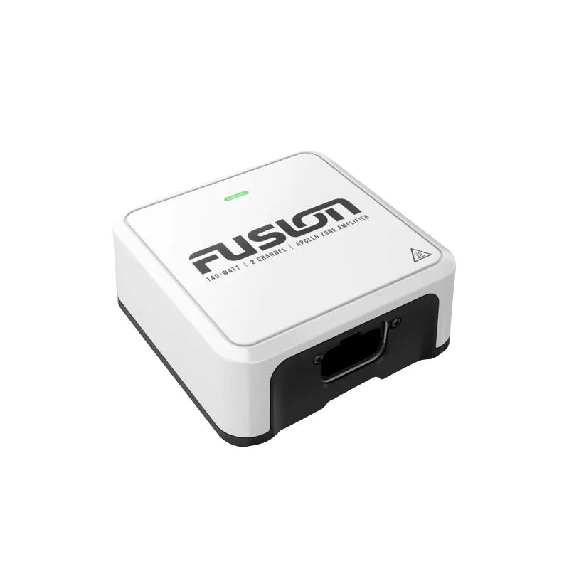 Garmin Fusion Apollo Zone 2-channel marine amplifier; white enclosure with green LED indicator