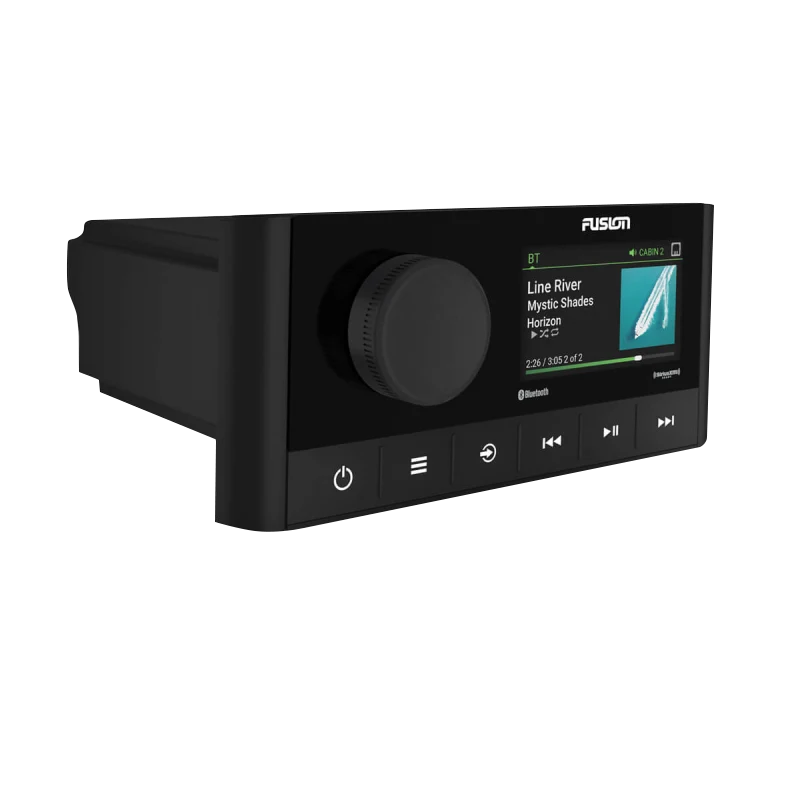 Garmin Fusion MS-RA210 marine stereo head unit in black with large control knob and display