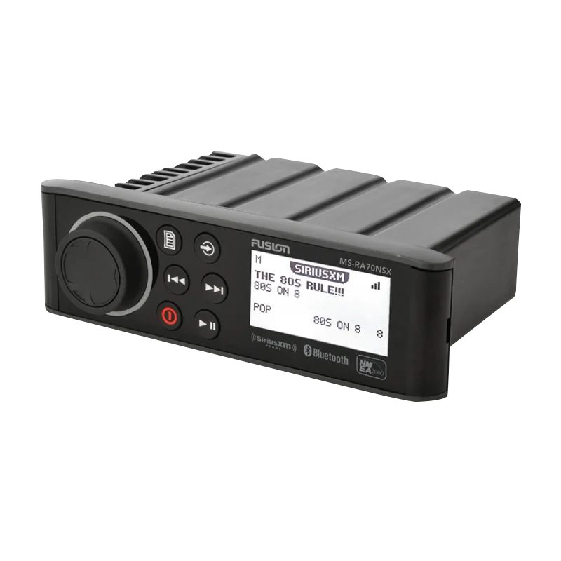 Garmin Fusion MS-RA70NSX marine stereo, black front panel with SiriusXM and Bluetooth and rotary knob