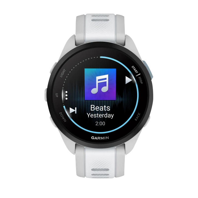 Garmin Forerunner 165 Music smart watch, Mist Gray/Whitestone with white band, displaying Beats Yesterday