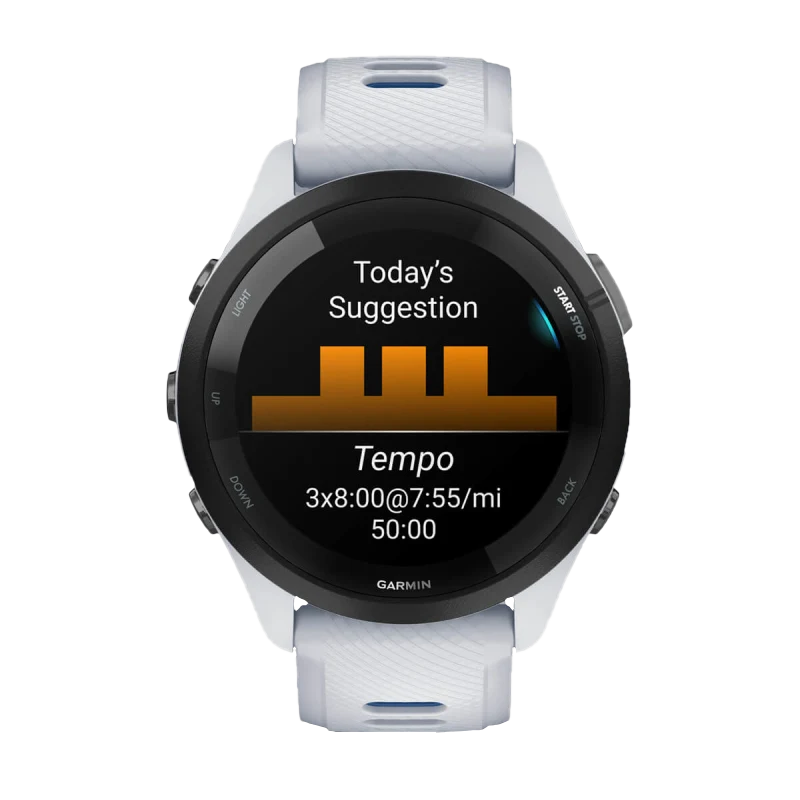 Garmin Forerunner 265 smartwatch, 46 mm with Whitestone white case and tidal blue silicone band