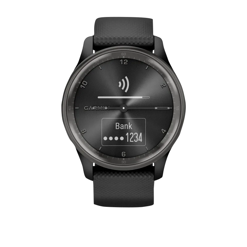 Garmin Vívomove Trend smartwatch with slate stainless steel bezel, black case, silicone band