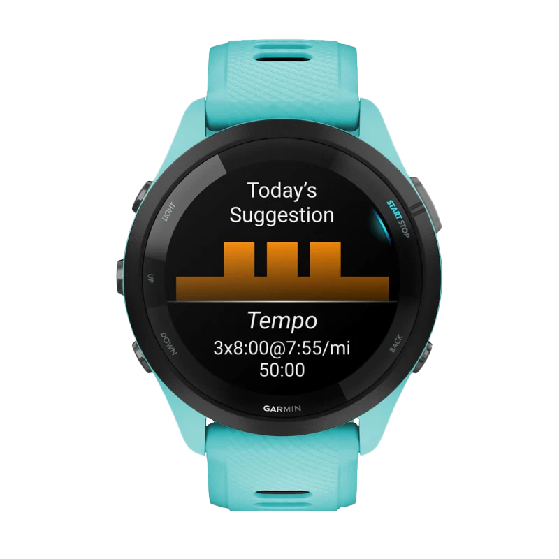 Garmin Forerunner 265 smartwatch, 46 mm with black bezel, aqua case and aqua/black silicone band.