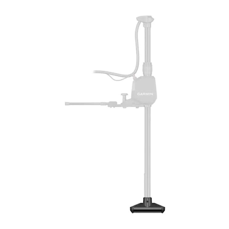 Garmin GT360UHD transducer on spy-pole mount; white housing with mounting pole