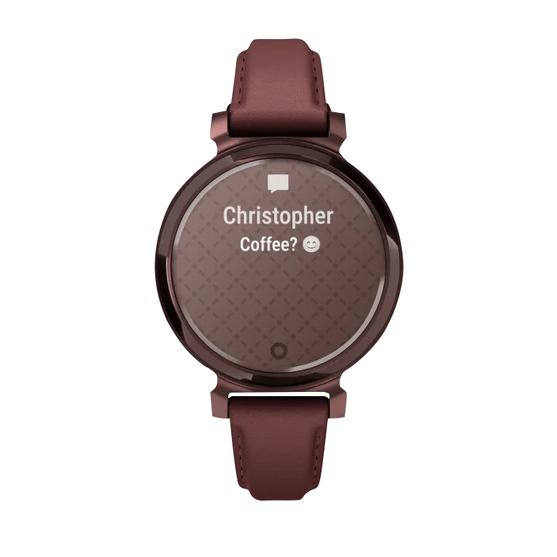 Garmin Lily 2 Classic smartwatch in dark bronze with mulberry leather band, Garmin Certified Refurbished.
