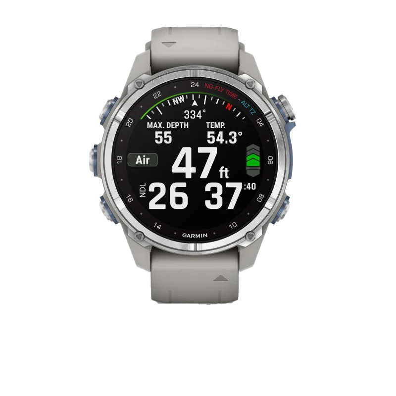 Garmin Descent Mk3 43 mm stainless steel case with fog gray silicone band, dive computer watch.