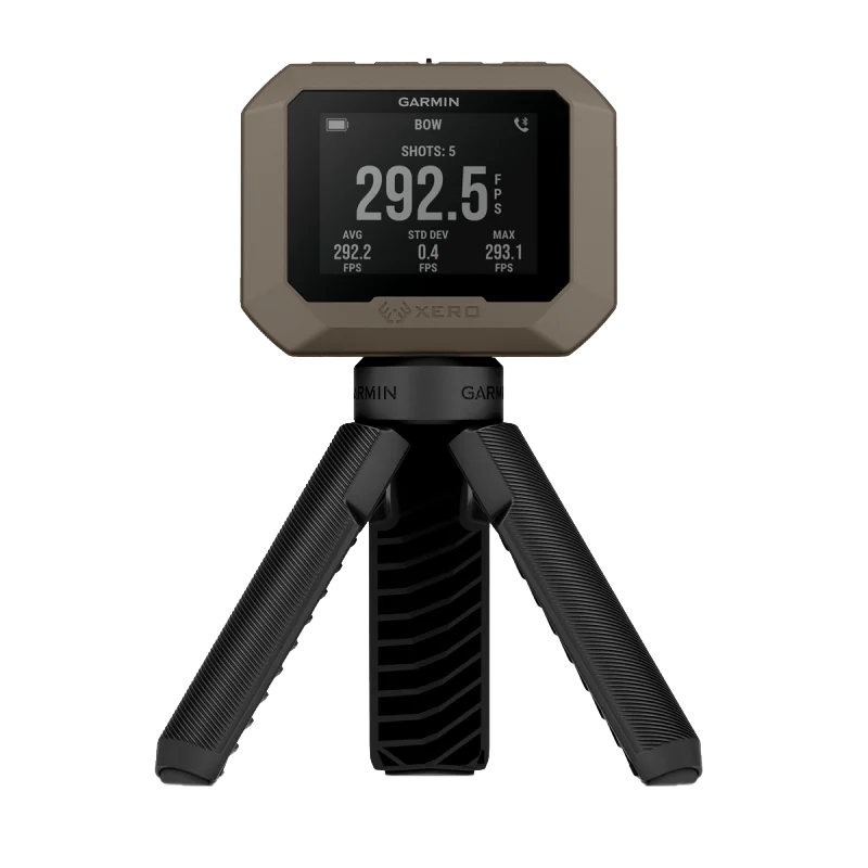 Garmin Xero C1 Pro firearm and archery chronograph, tan unit on a black tripod.