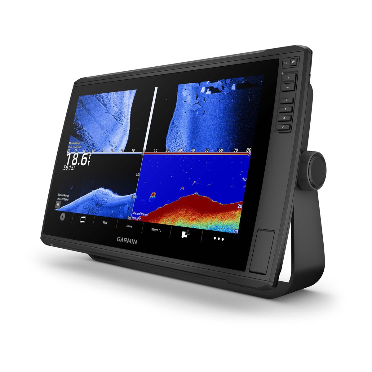 Garmin ECHOMAP Ultra 2 16-inch marine chartplotter on stand with side keypad buttons