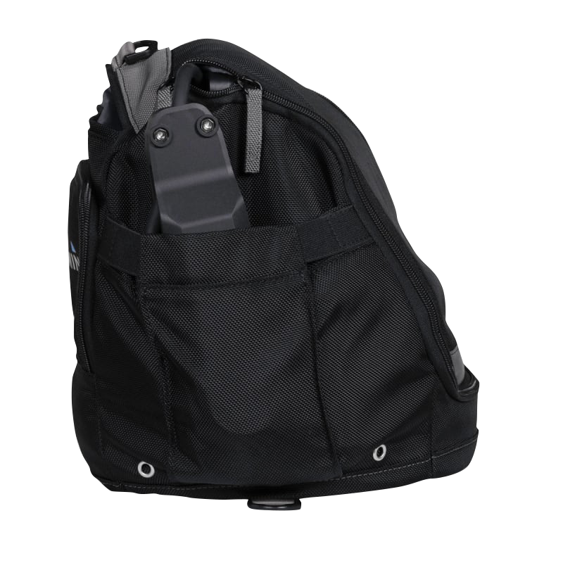 Garmin black nylon gear bag with exterior pockets and a transducer in the side pocket.