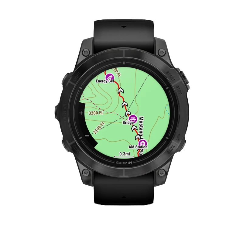 Garmin Epix Pro Gen 2 47mm slate gray smartwatch with black band showing a navigation map