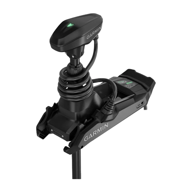 Garmin Force Kraken trolling motor, black 63" shaft with GT56UHD-TR transducer and coiled cable visible