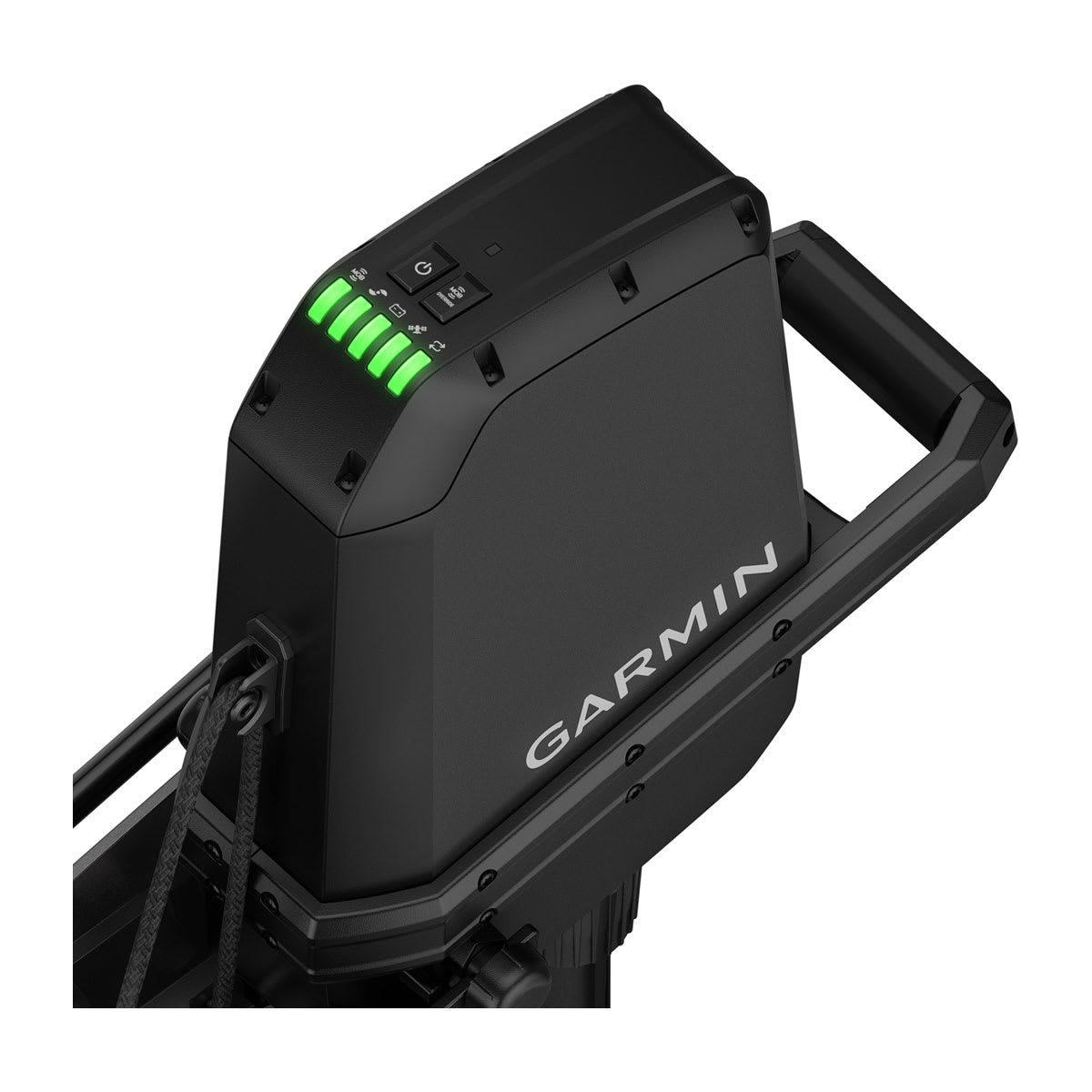 Garmin Force Current kayak trolling motor with Power Steer foot pedals, black with green LEDs.