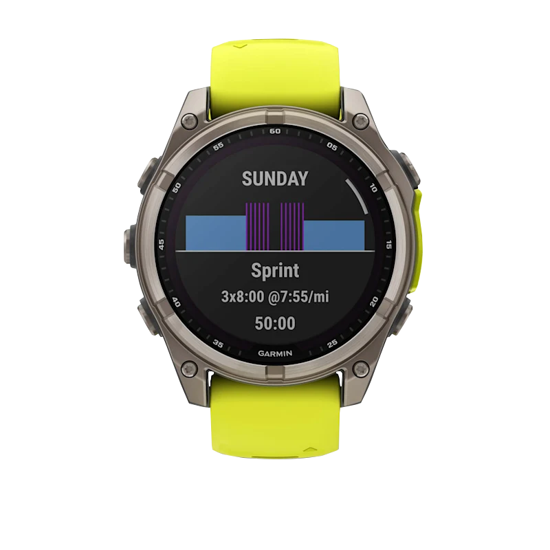 Garmin Fenix 8 smartwatch, 47 mm AMOLED Solar Sapphire Titanium with Amp Yellow/Graphite silicone band