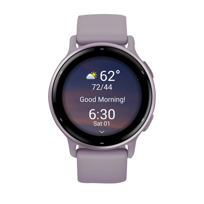 Garmin Vivoactive 5 smartwatch with metallic orchid aluminum bezel and orchid silicone band